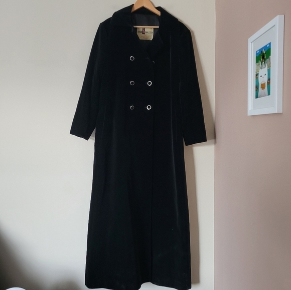 Vintage Jackets & Blazers - Vintage Retro 70s Long Black Velvet Double Breasted Maxi Duster Coat Size Large